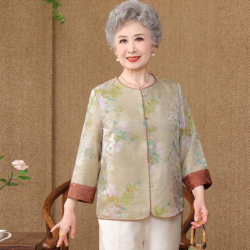 Grandma's New Style Jacket: Elegant Chinese National Design, Suitable for Middle-Aged and Elderly Women - Round Neck, Loose Fit, Elegant Temperament.