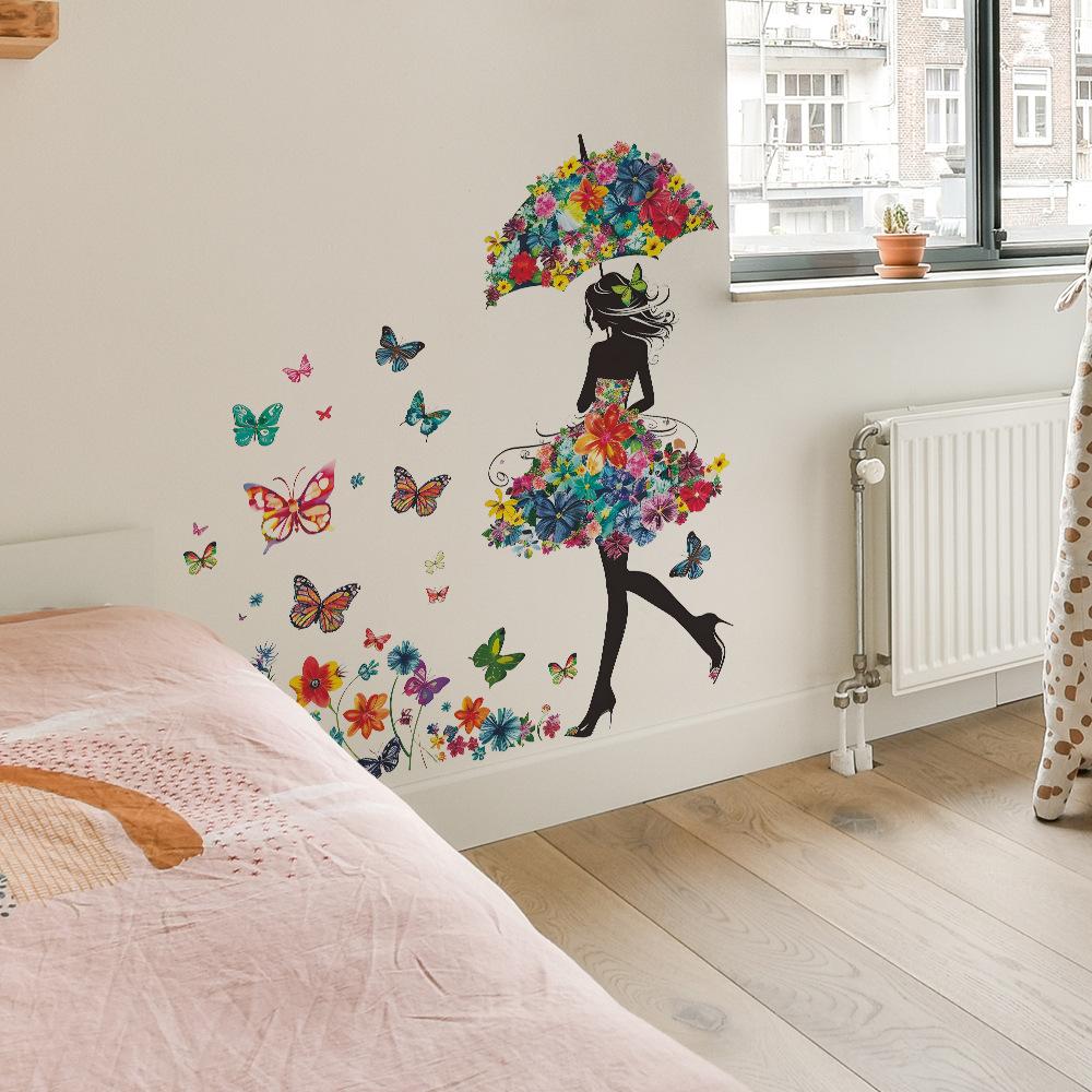 Butterfly Wall Stickers with Girl Silhouette Creative Home Decor for Bedroom Living Room Hallway Background Wall Art Decal