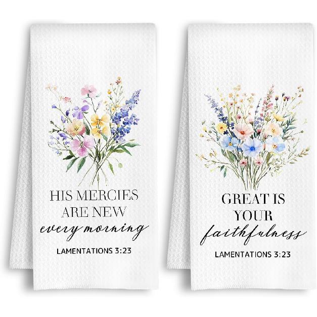 Floral Christian Kitchen Towels, Lamentations 3:23 Bible Verse Dish Towels, Christian Gifts for Women, Faith Based Gifts Hand Tea Towel for Bathroom