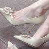 Rhinestone pointed high heels New Year's fairy temperament thin heel square buckle single shoes wedding bride shoes