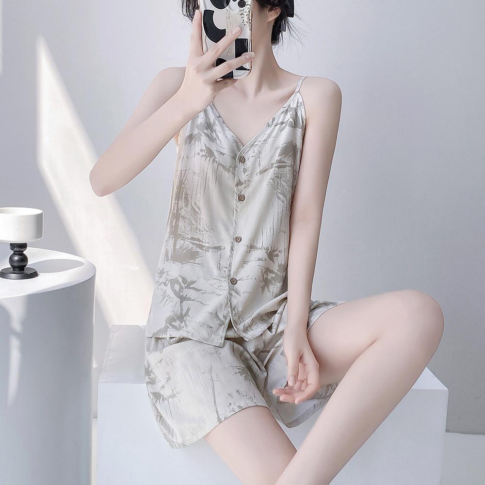 Neo-Chinese Cotton Silk Camisole Pajama Set for Women - Summer 2025 Beach Style