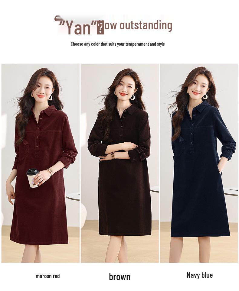 Women's Spring/Autumn Corduroy Long Sleeve Shirt Dress - Slimming, Age-Reducing Fit