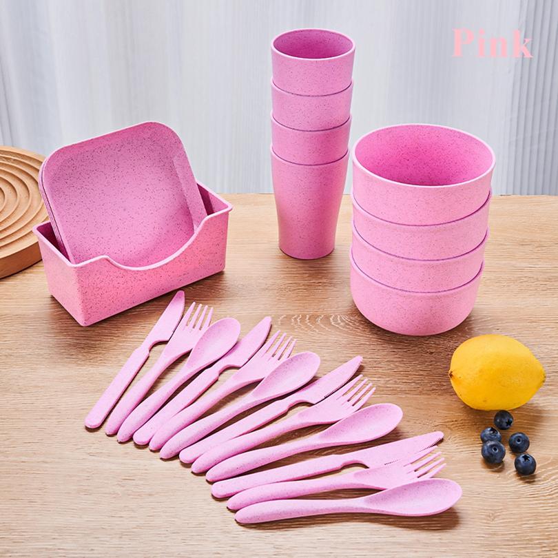 25pcs Portable Travel Plastic Plates and Bowl Sets Wheat Straw Dinnerware Sets, BBQ, Picnic, Camping Essentials Dishes Set