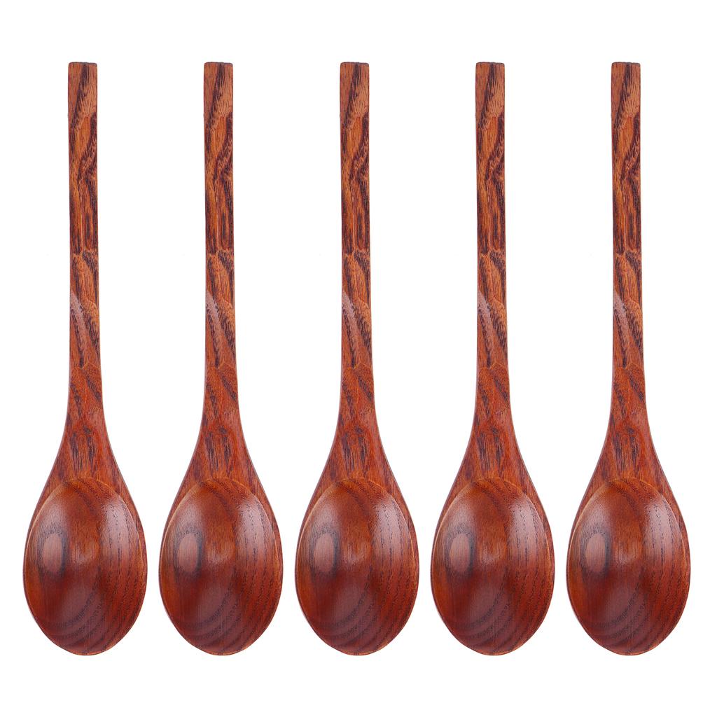 5PCS Japanese Style Wood Spoon Long Handle Soup Spoons Household Tableware Kitchen Tools
