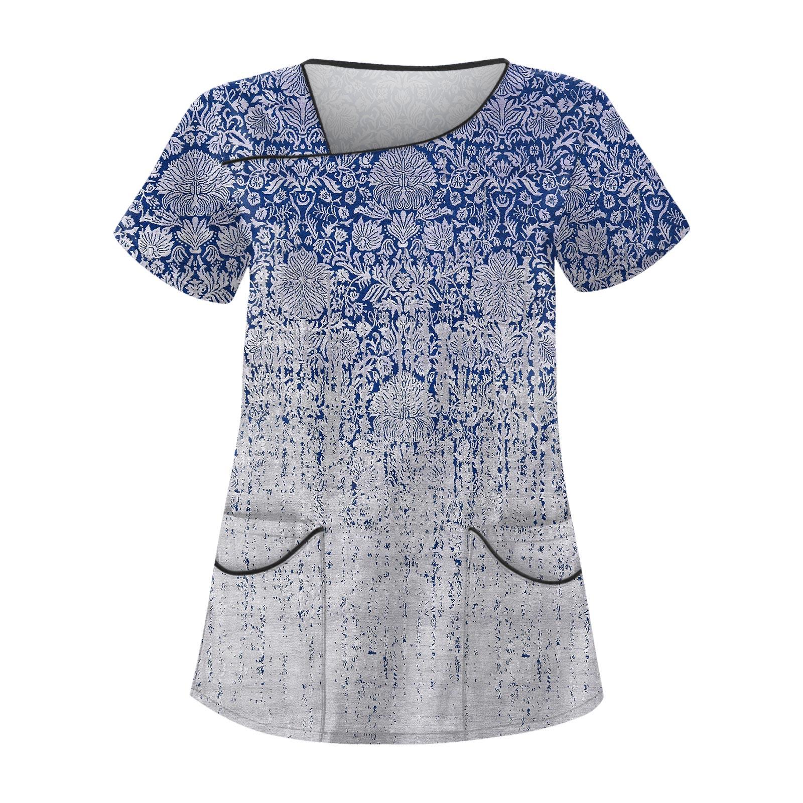 

Женская рабочая одежда с цветочным принтом, покатым воротником и двухслойными карманами, базовый топ-пуловер S тёмно-синий