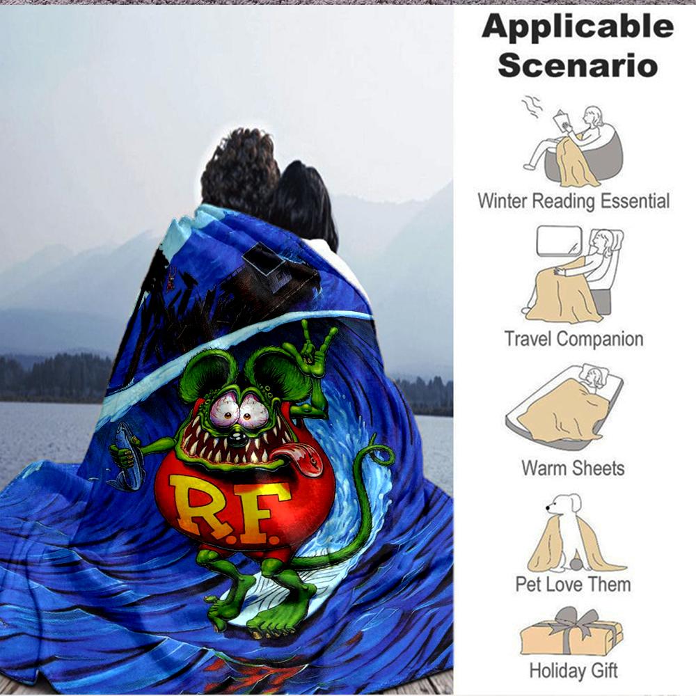 1Pc Rat Fink Wave Flannel Blanket, Soft And Comfortable, Casual Warm, Camping Travel, Christmas, Halloween Xmas Gift L1199