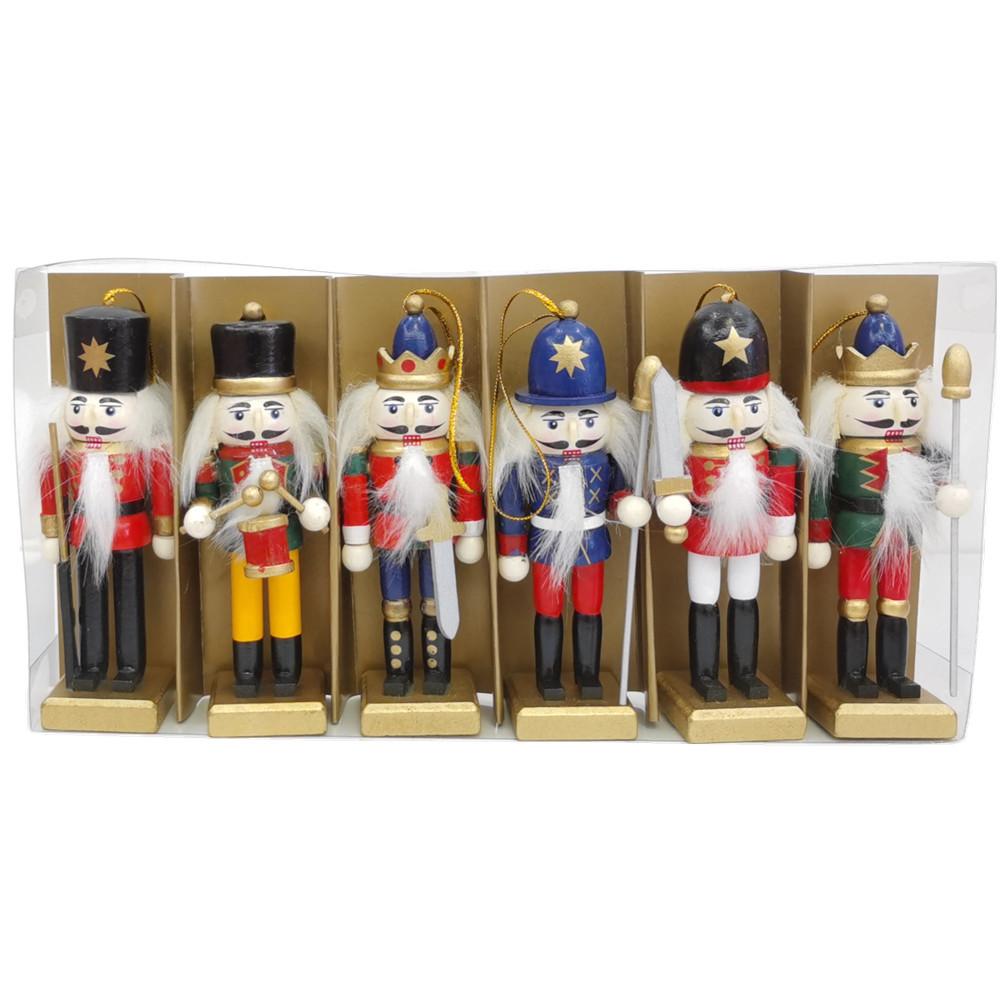 6pcs/set 12CM Nordic Style Wooden Nutcracker Puppet Small Nutcracker Soldier Pendant Crafts Decoration Christmas Tree Ornament