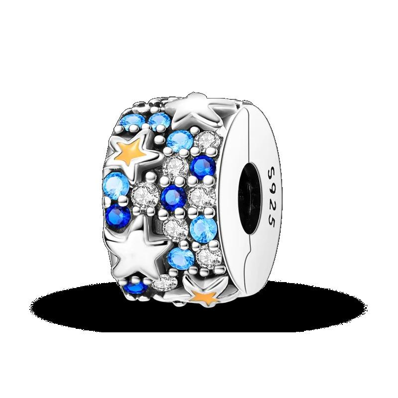 Silver Clasp 925 Silver CZ Pave Clip Charms Daisy Beads Stopper Safety Chain Fit Original Bangle Bracelet Jewelry Clip