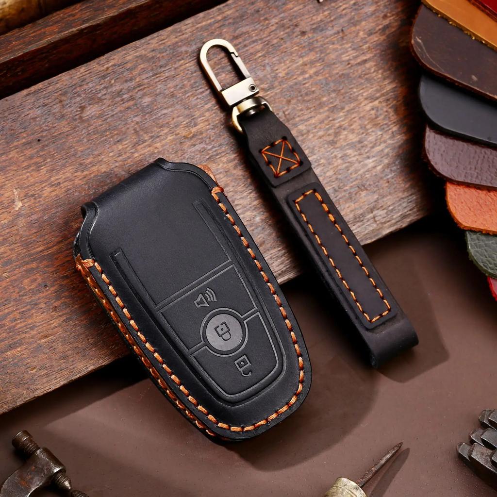Leather Car Remote Key Case Cover for Ford Fusion Mustang Kuga Ecosport Explorer F-150 F-250 F-350 F-450 F-550 Raptor F150 Fob