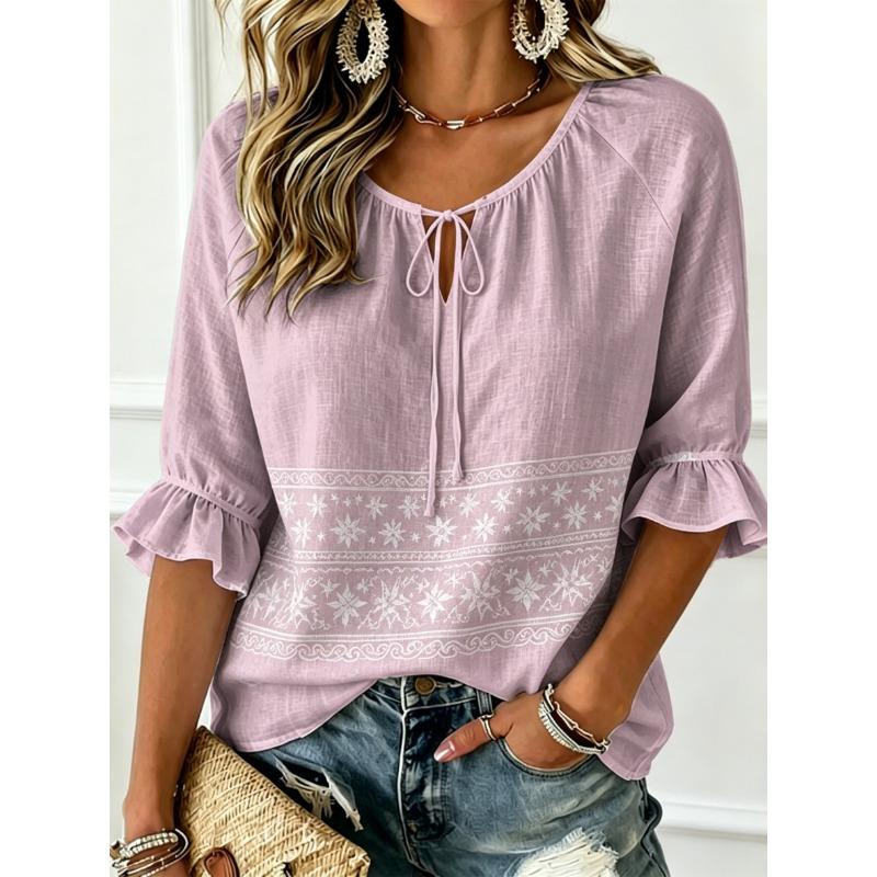 Women's Tie Split Neck Blouse, Light Purple White Seashell Border Print, Loose Fit for Spring Summer Daily Casual Outfits