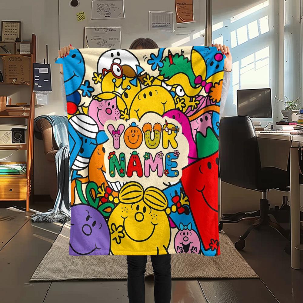 1PC Mr Men Adventure Custom Name Patterned Flannel Blanket Suitable For All Seasons For Home Decor Warmth And Comfort Gifts Holiday Present