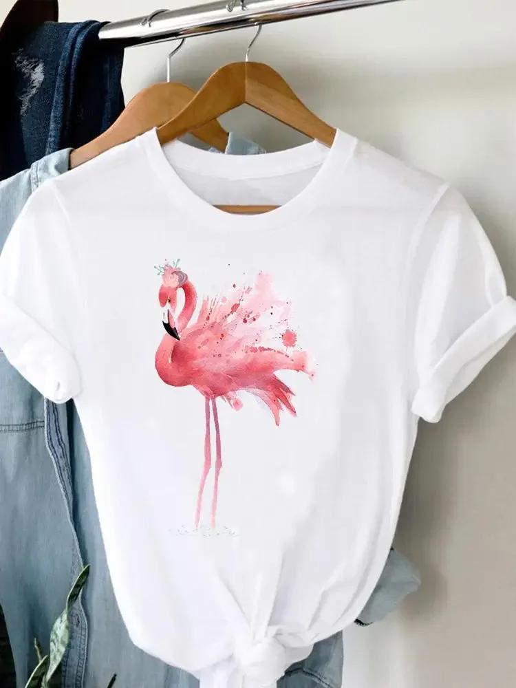 2025 New Watercolor Lovely Flamingo Women Short Sleeve Fashion Summer Top Casual Trend Tshirt Travel Graphic T-Shirt Lady Tee
