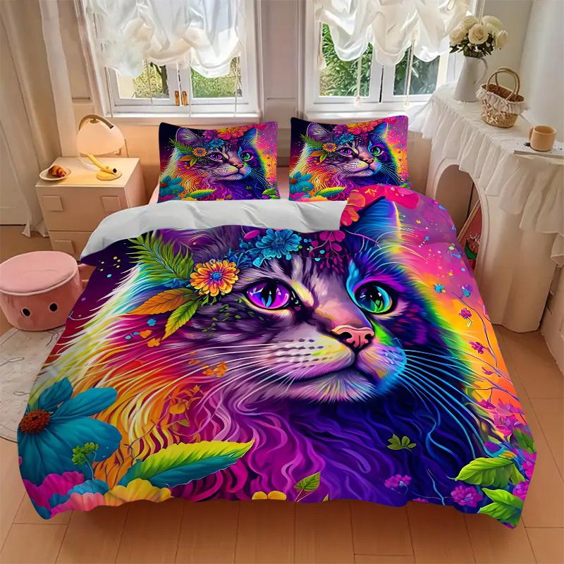 3pcs Multicolored Cat Quilt Set Cartoon Themed Bed Quilt Set Lovely Character Bedroom Decor Bed Quilt
