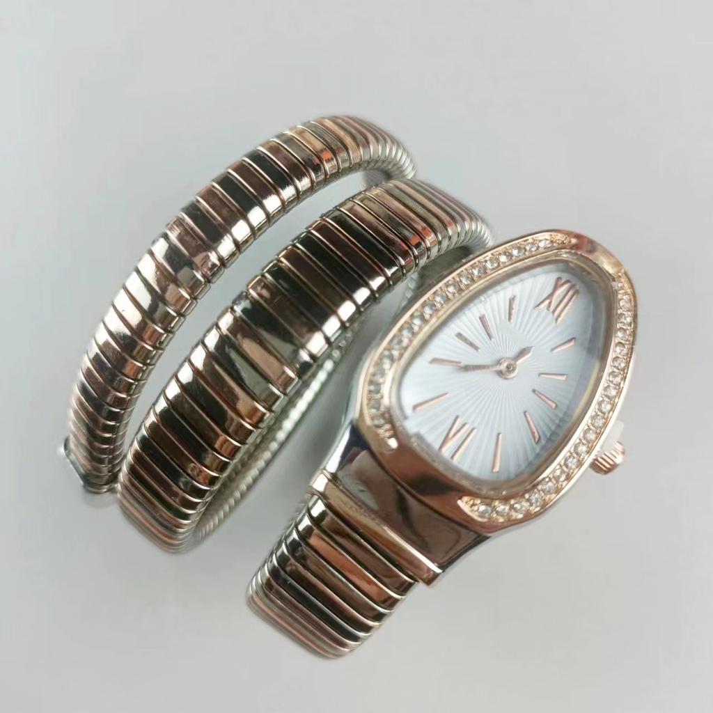 Orologio da donna al quarzo con cinturino in acciaio a due cerchi a forma di serpente, personalità, completamente diamantato, produttore