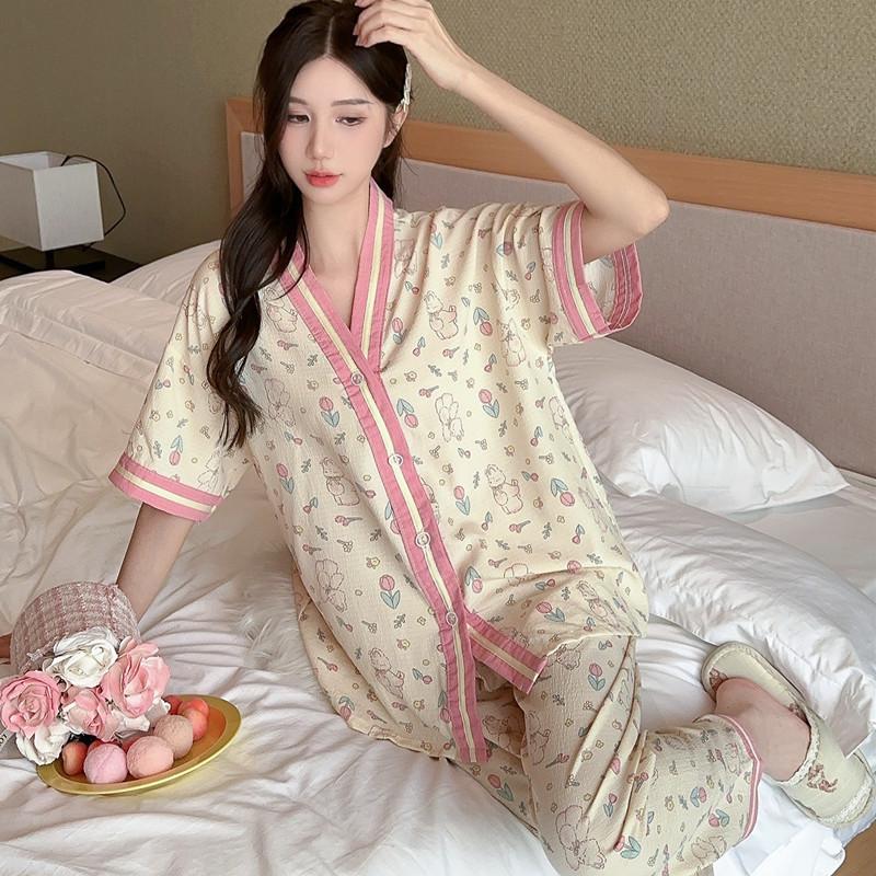New Crepe Tulip Rabbit Large Size Pajamas Women's Spring Summer Short Sleeve Pants Two-piece Ins Style Loungewear