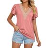 Camiseta de verano para mujer, camisetas de Color liso con manga corta y cuello en V de encaje dorado