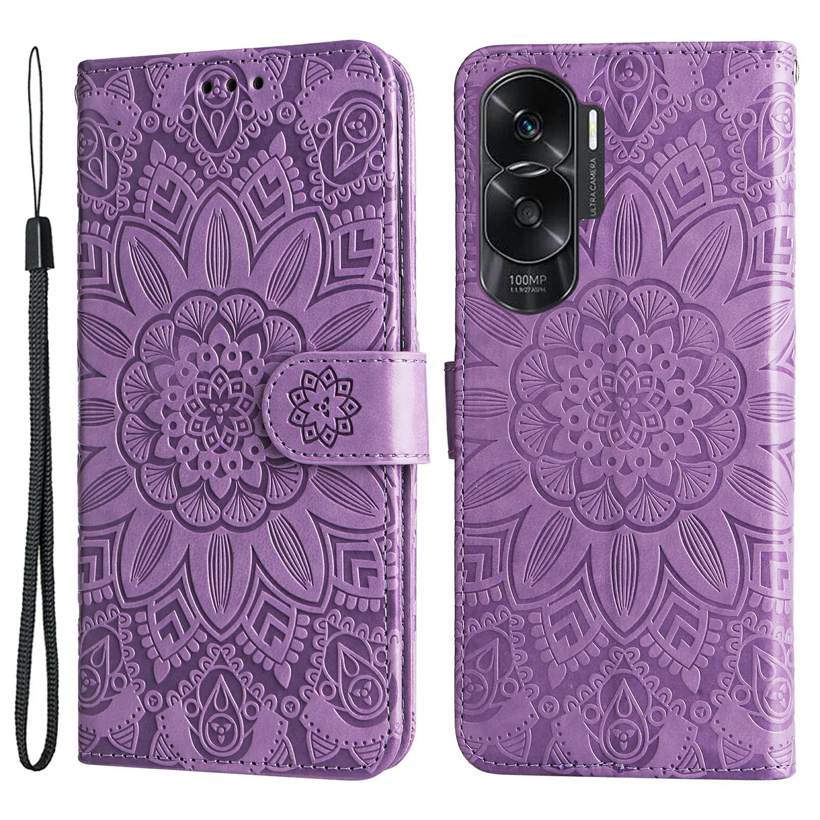 

For Honor X50i 5G/90 Lite 5G Anti-Scratch Wallet Case Sunflower Imprinted Phone Flip Stand PU Leather Cover Purple