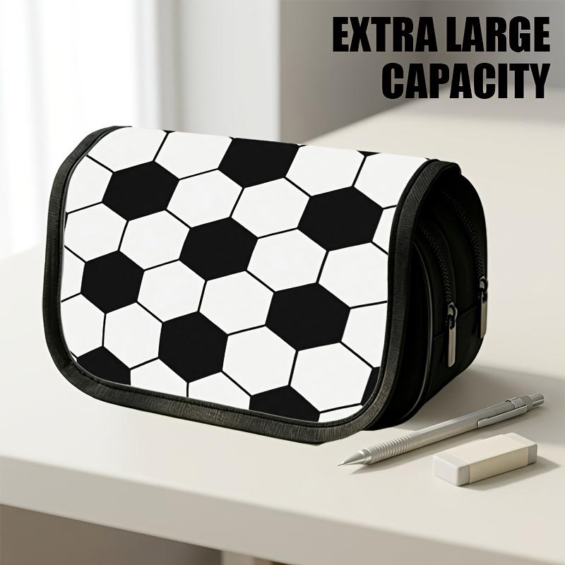 1pc Double Layer Flip Pencil Case, Football, Large Capacity, Portable Polyester Pen Storage Bag with Zipper Closure, Ideal for School & Office Supplie