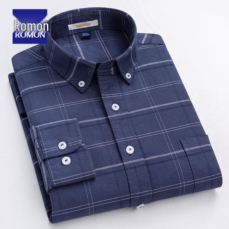 Romon Men's High-End Blue & White Cotton Oxford Long Sleeve Button-Down Shirt