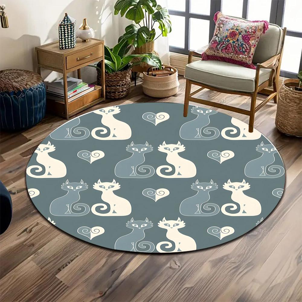 Cute Cats with Hearts Pattern Decor Print Round Rug, Living Room, Bedroom, Playroom Carpet, Non Slip Floor Mat, Gift