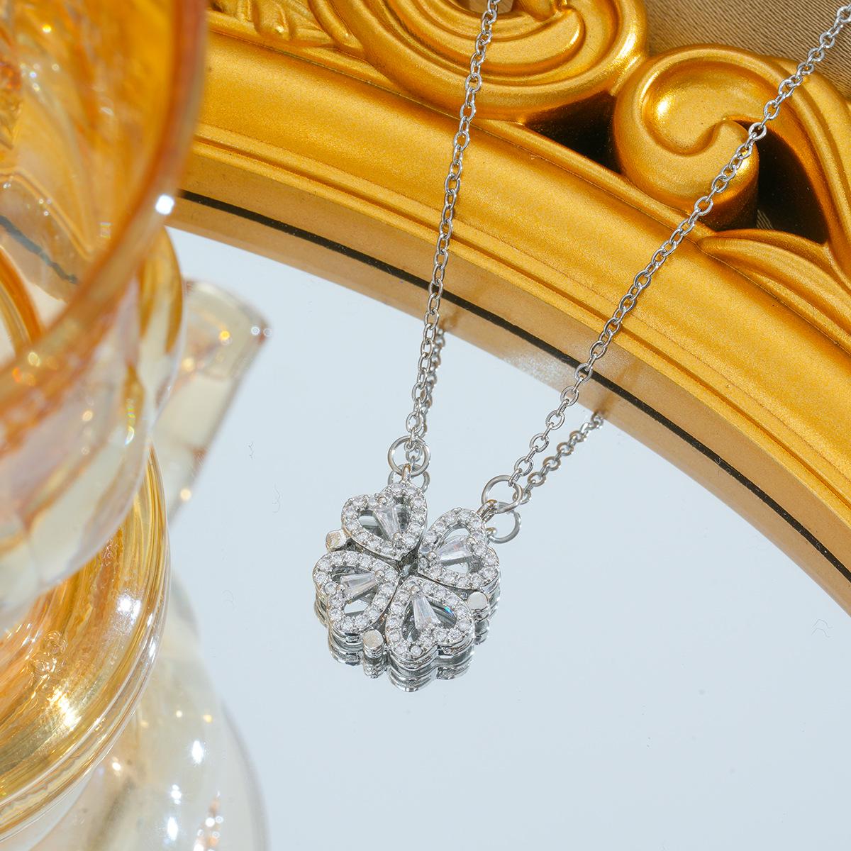 

Openable Heart Four-Leaf Clover Korean Micro-Paved Titanium Steel Necklace