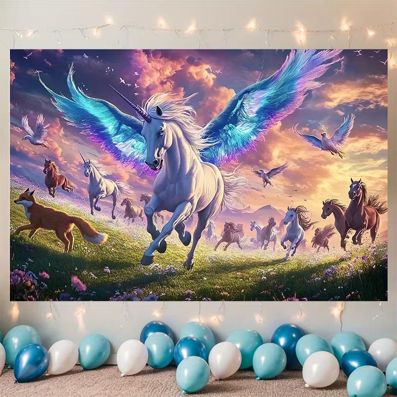 2D Magical Winged Unicorn Fantasy Backdrop with Sunset Sky 47.2x31.5inch/120*80cm