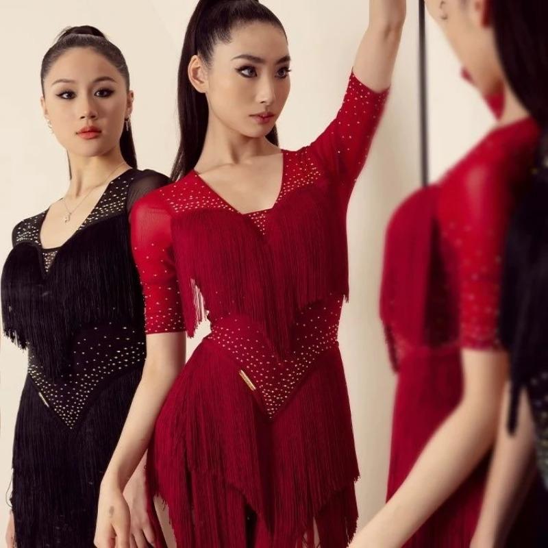 Adult Latin Dance Outfit Short Sleve Practice Dress Performance Costume Set Sensation Adult Dance Skirt Workout Clothes cm nero