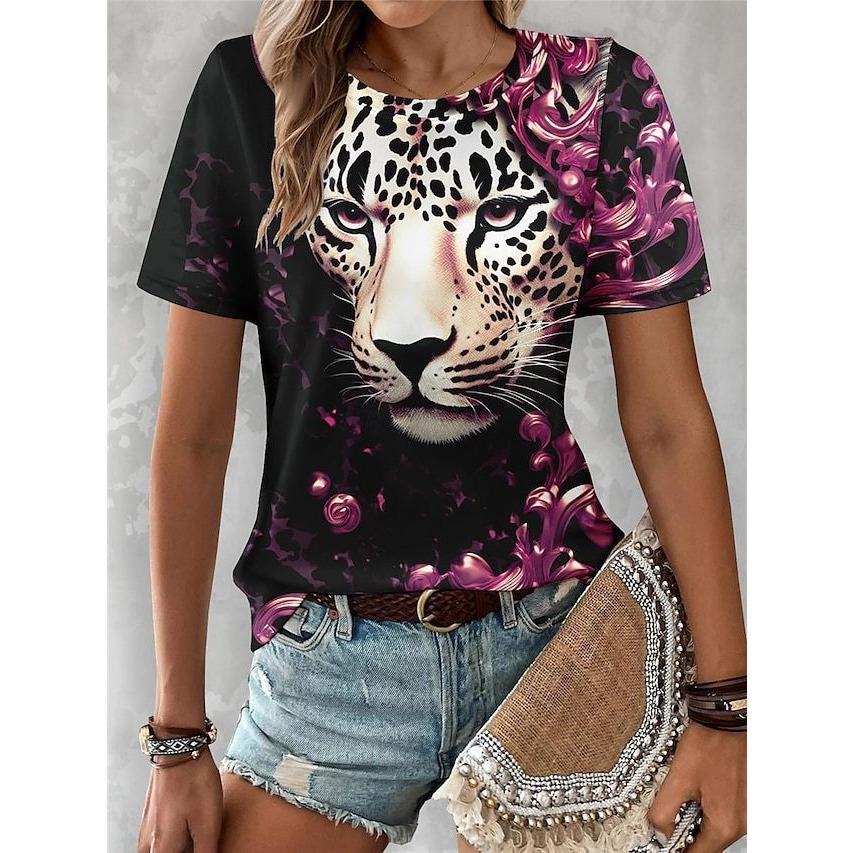 Summer Round Neck Leopard Floral Pattern 3D Print Top Fashionable Casual Short Sleeved Women's T-shirts