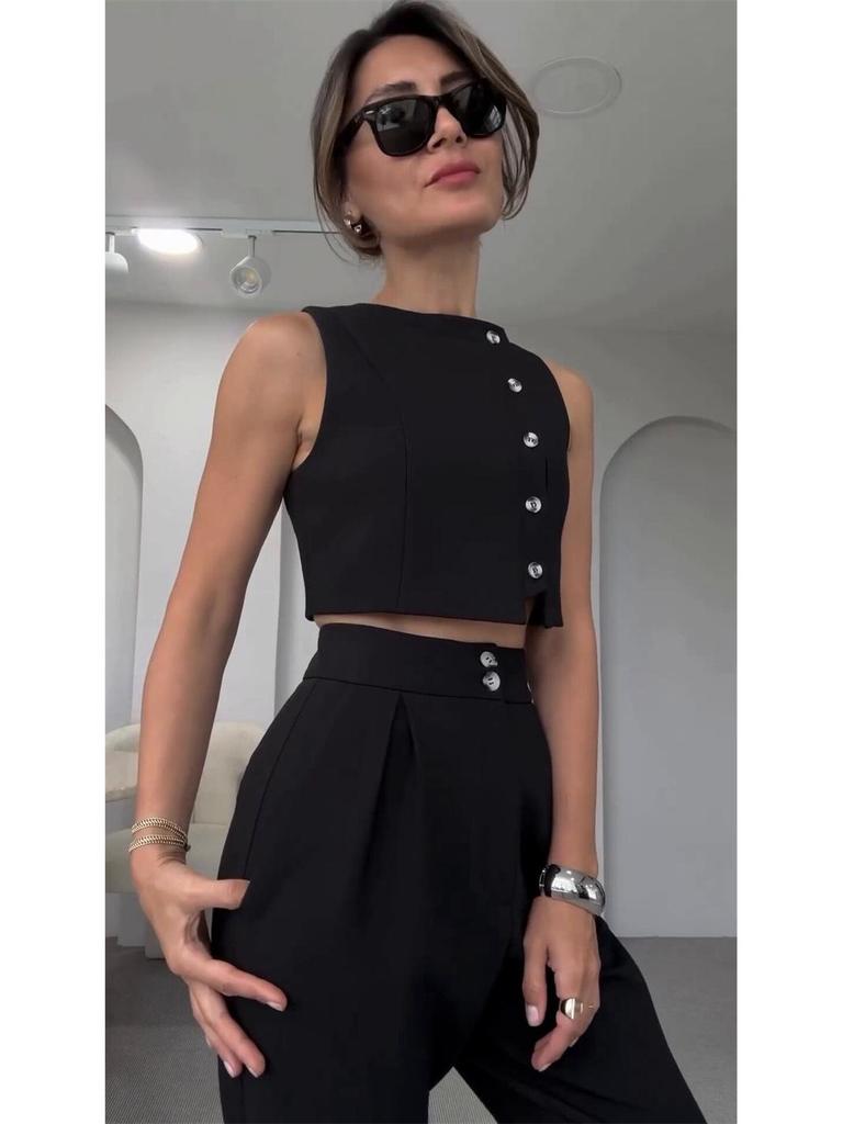 Europäische & Amerikanische Damenmode 2024 Frühling/Sommer Ärmelloses Top & Hochtaillierte Cropped-Hose Set