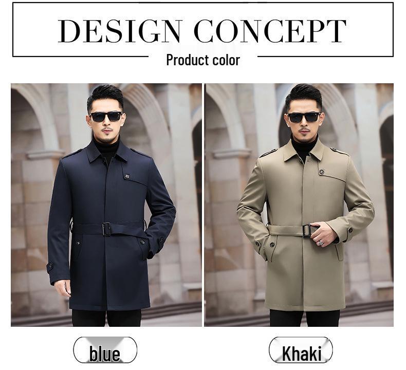 Men's Mid-Length Thickened Lapel Windbreaker with Removable White Duck Down Liner.