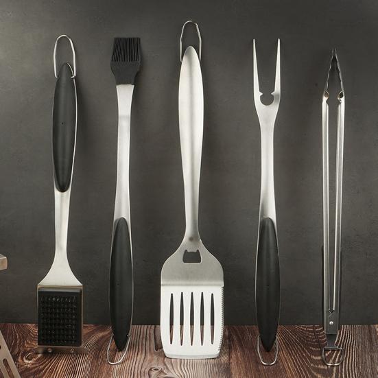 5Pcs BBQ Grill Tool Set with Spatula Tongs Fork Brush Skewers And Case Outdoor Baking Utensils for Parties Camping Restaurants