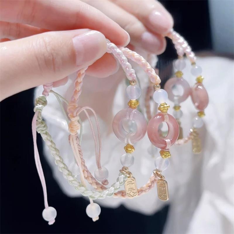 Chinese Style Ethnic Style Peace Buckle Braided Bracelet Girl Heart Beaded Hand Strap Bestie Bracelet Jewelry Accessory Gift