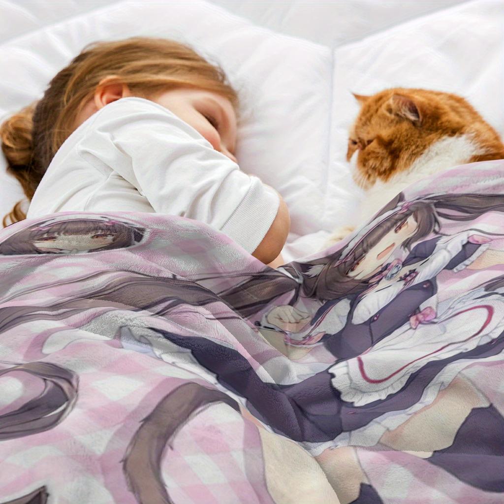 1pc Cute Nekopara Chocola Maid Print Flannel Blanket, 2D Soft Throw Blanket, Kawaii Anime Aesthetic Decor Blanket, Gift for Anim