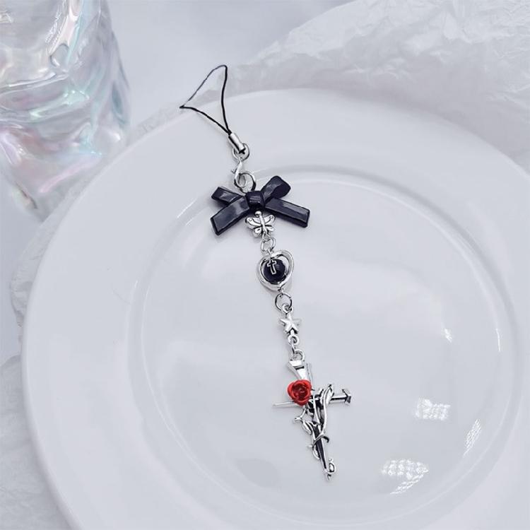 Mobile Phone Charm Gothic Cross Bat Rose Pendant Keychain Strap Lanyard for Bag