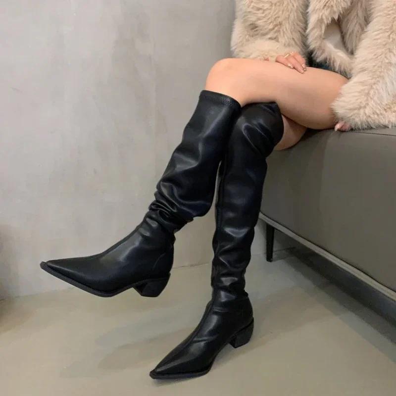 Женские рыцарские сапоги с острым носком коричневые сапоги до колена из искусственной кожи женские осенне-зимние ковбойские длинные сапоги в стиле вестерн Botas Mujer 2024 35 7379₽