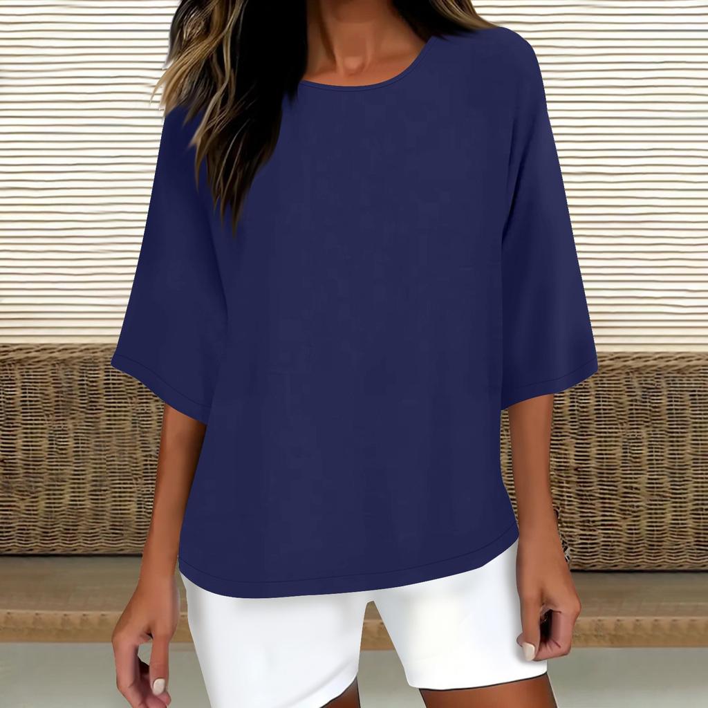 Women's Fashion Solid Color Casual T-Shirt Seven Sleeve Round Neck Cotton Top