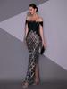 One-Shoulder Rhinestone Sequin Mesh Plaid Evening Gown for Women