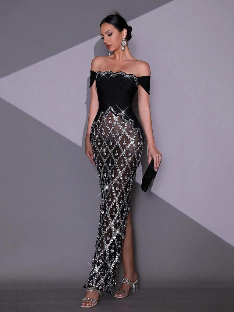 One-Shoulder Rhinestone Sequin Mesh Plaid Evening Gown for Women
