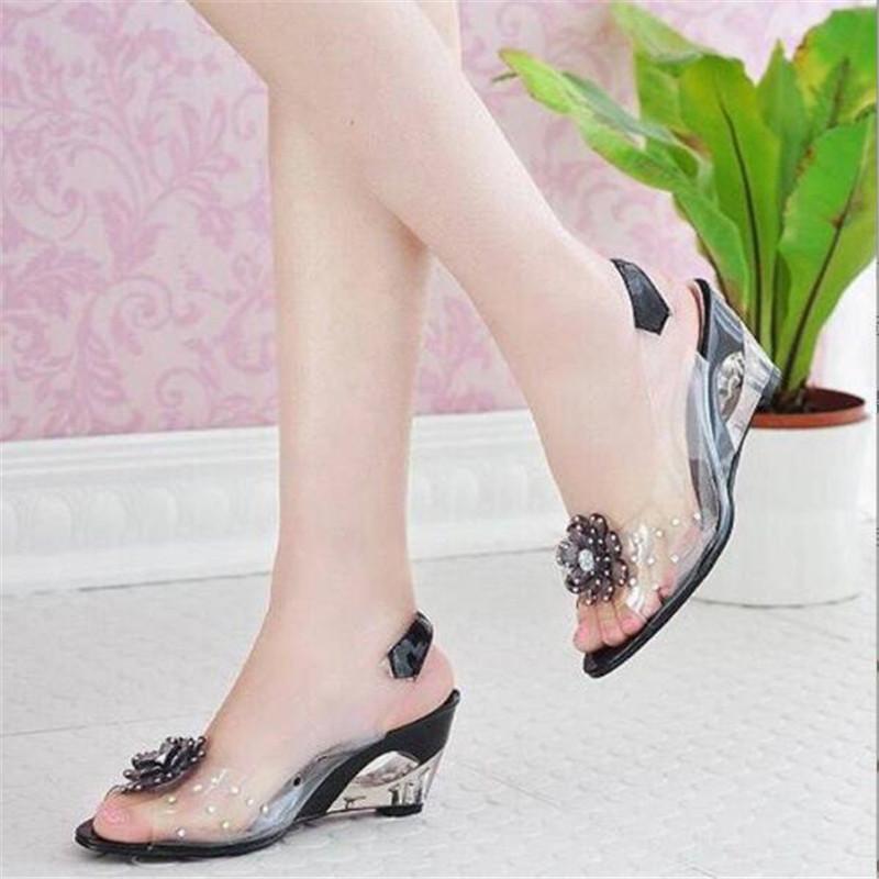 Wedges Sandals Women Summer Sweet Flowers Transparent Open Toe High Heels Sandals Fish Mouth Sandals Plus Size 30-45