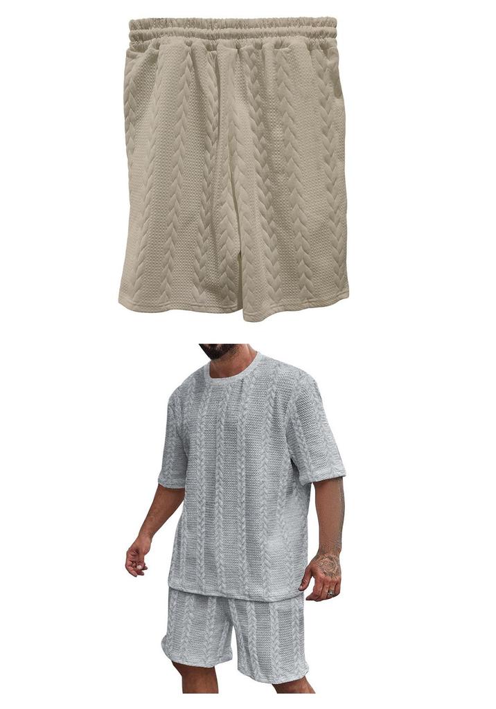 Men's Knit Jacquard Summer Casual Set: Round Neck Pullover & Shorts