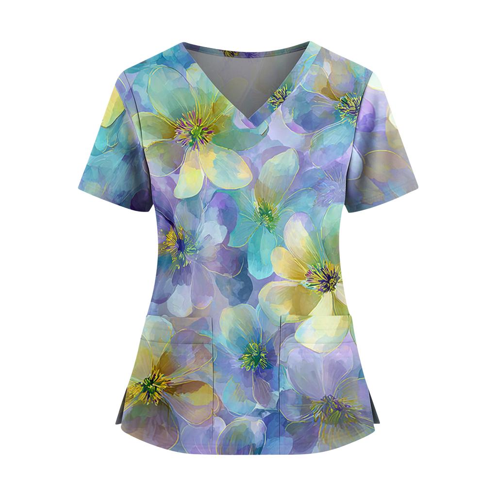 Women's floral print V-neck double pocket short-sleeved uniform/caregiver top with slits at the hem
