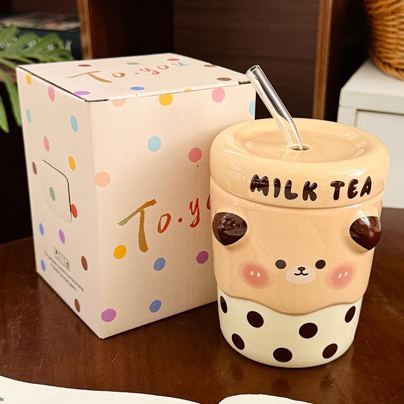 Cute Polka Dot Animal Ceramic Straw Cup with Lid Children's Household Cup  Girly Heart Creative Gift Souvenir