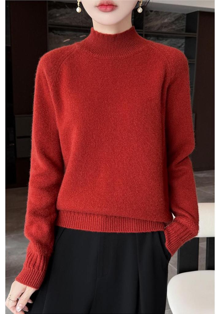 Autumn/Winter Women's Double-Ply Thick Wool Half-High Collar Raglan Sleeve Sweater 