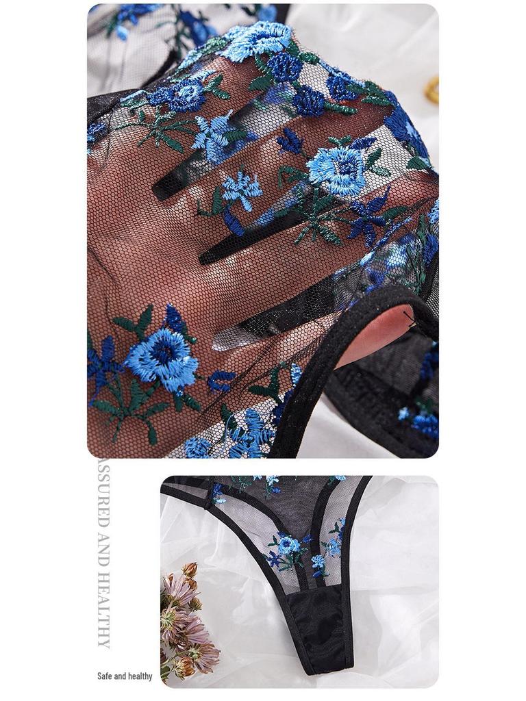 Flirtatious Blue Mesh Embroidered Lace Bra: Sexy, Breathable, Thin Style