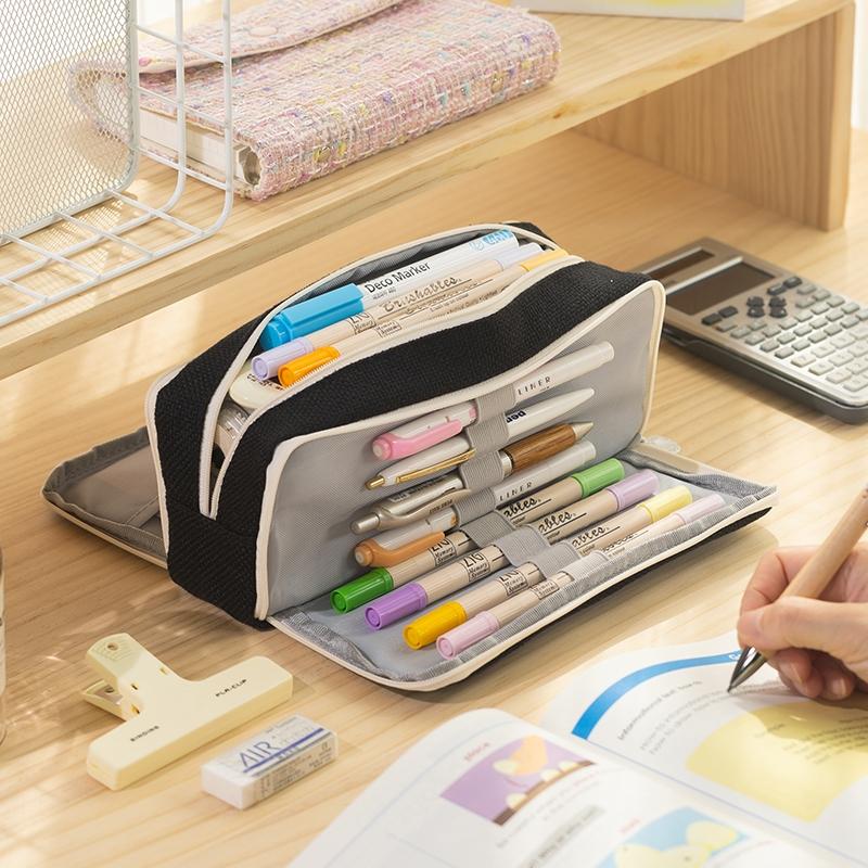 Angoo Linen Type Cloth Pencil Case Pen Bag 3 Compartments Storage Pouch Organizer for Stationery