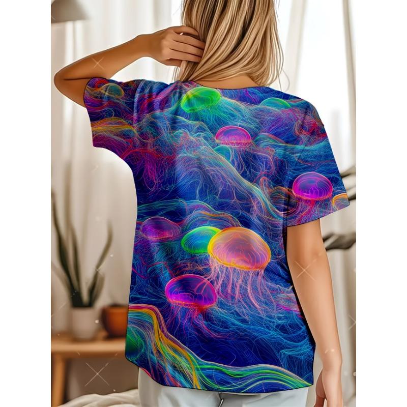 Summer Collection Fashionable and Colorful Jellyfish 3D Printed T-shirt,loose and Slimming Versatile Top for Women