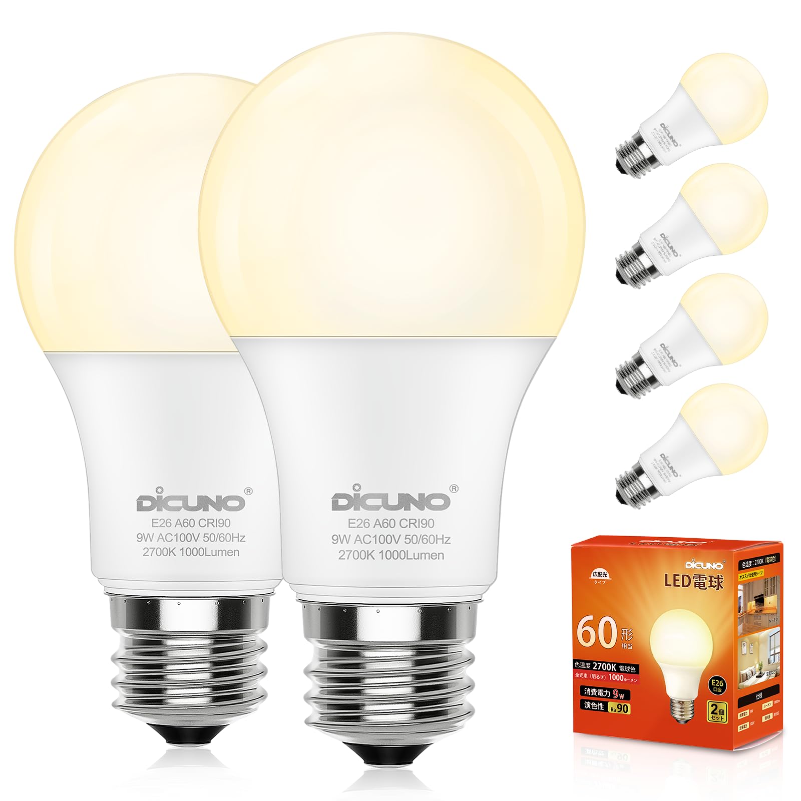 

DiCUNO LED Bulbs, E26 Base, 60W Equivalent, 9W, 1000lm, Warm White, 2700K, High Color Rendering Index Ra90, Wide Beam Distribution, High Brightness,