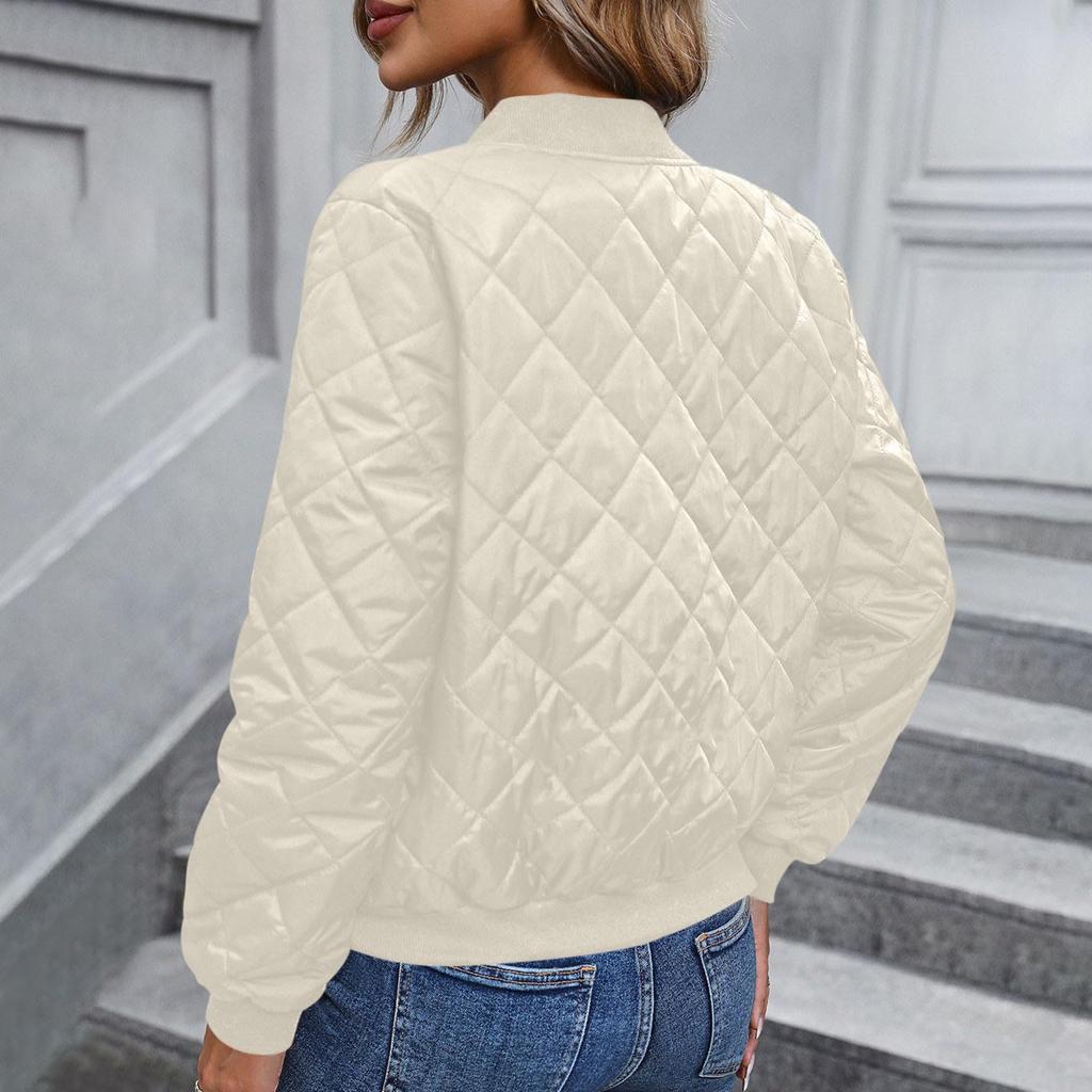 Ladies Zipper Long Sleeve Stand Collar Check Slim Baseball Padded Top Blouse Jacket Coat