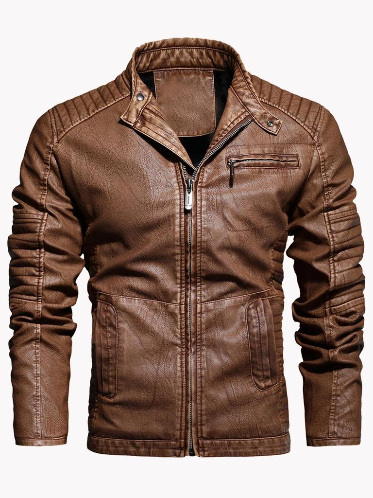Jachetă de motociclist pentru bărbați, de iarnă, din piele PU, cu guler înalt, croială slim fit - Stil European & American