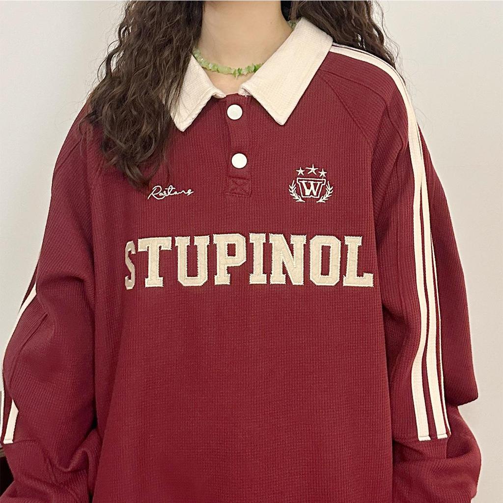 2025 Spring/Autumn Retro Trend Loose Japanese Straight Shoulder Casual Long Sleeve Polo Sweatshirt
